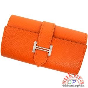 エルメス 4連キーケース 偽物 ベアン オレンジ×シルバー金具 L刻印
