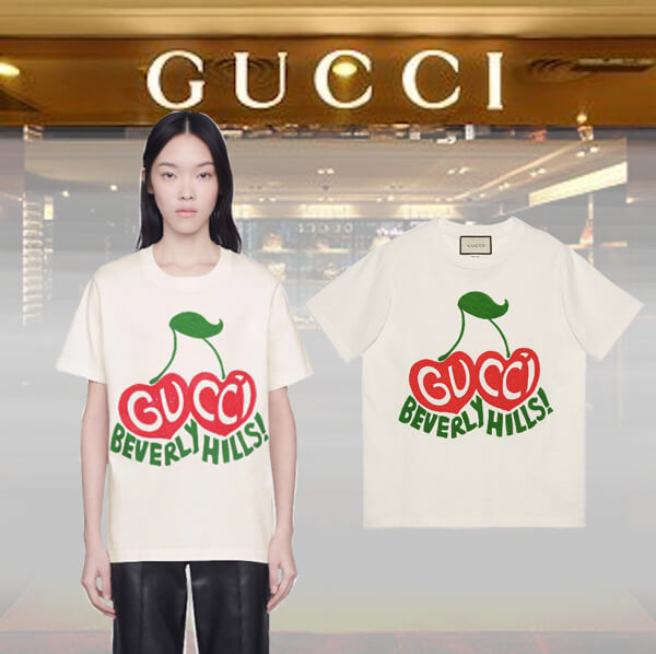グッチ BEVERLY HILLS グッチ Tシャツ 偽物 チェリー プリント 580762