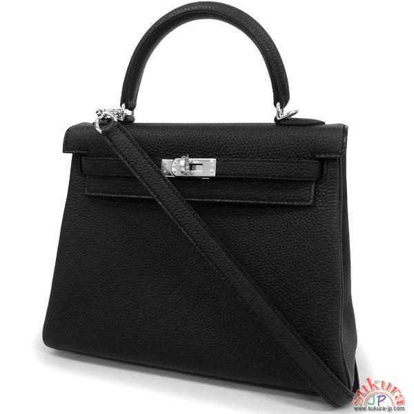 エルメス ケリー 25 cm 内縫い ブラック×シルバー金具 トゴ Q刻印
