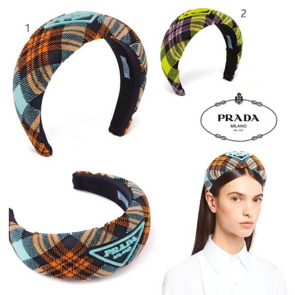 【美品】PRADA ヘッドバンド 装飾付き ブラス プラダ】プラダ ヘア アクセサリー 偽物 刺繍入りプレイドベルベット