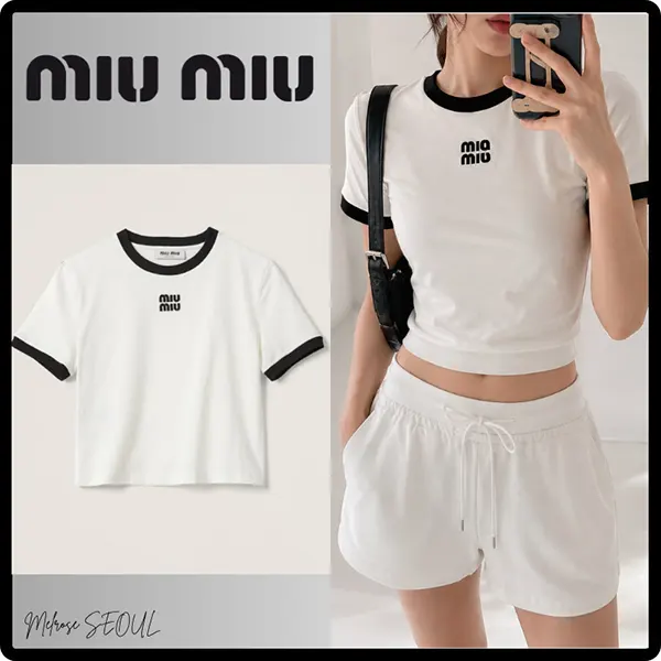 ミュウミュウ ロゴ クロップド 半袖Tシャツ MJN522 14EL F0009-ミュウ
