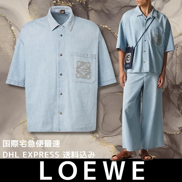 1着万能*ロエベ*アナグラム デニムシャツ 半袖 ブルー メンズ